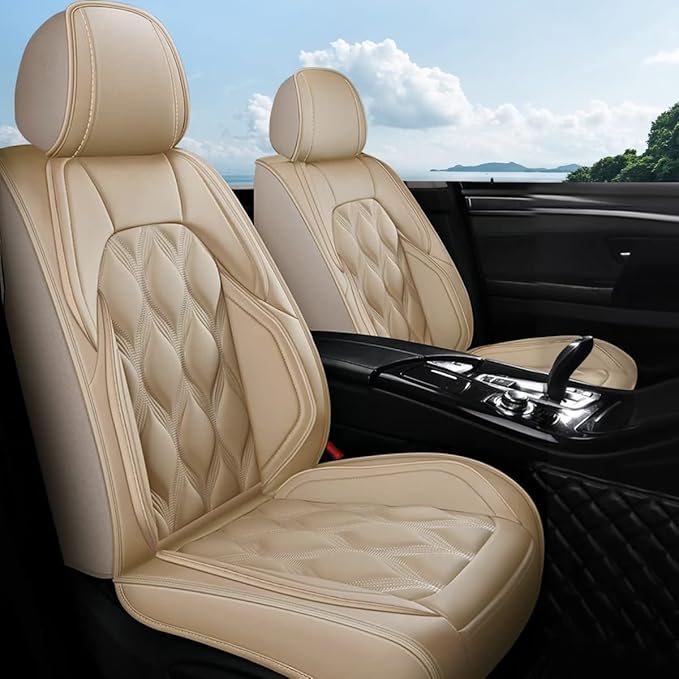 AOMSAZTO Front Seat Covers Fit for Hyundai Elantra 2017-2026 Waterproof Faux Leather Car Seat Cover Compatible with Airbag(2PCS Front, Beige)