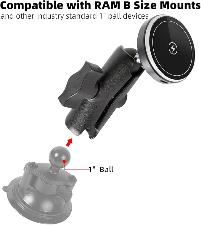 15W Magnetic Wireless Charging Phone Holder with 3.54" Medium Arm for MagSafe, 1" Ball Mount Adapter for RAM Mounts, Compatible with iPhone 17/16/15/14/13/12 Series