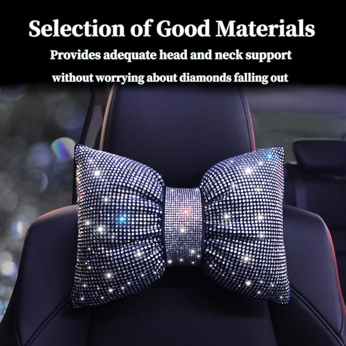 Car Neck Pillows Bowknot Car Headrest Cushion Crystal Rhinestone Diamond Bling Accessories for Women Driving Comfort Neck Support Pillow White 2Pcs