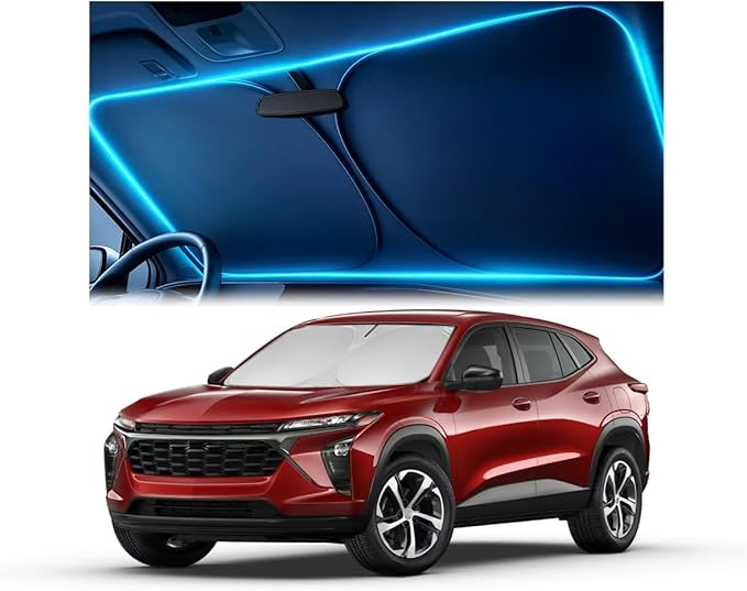 Windshield Sun Shade for Chevrolet Trax 2024 2025 2026 – Custom Fit Sun Shield with Mirror Cut‑Out, Blocks Heat & UV, Foldable with Storage Pouch - Chevrolet Trax Windshield Sunshade