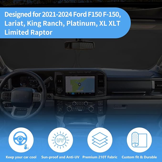 Windshield Sun Shade for 2015-2020 Ford F-150 F150 (Lariat, King Ranch, Platinum, XL XLT Limited Raptor), Cutom Front Window Sunshade Cover F250 F350 F450 Protector, Sun Visor Blocks UV Rays