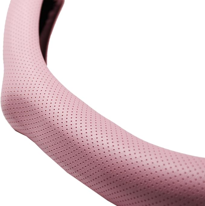 Quick Install Sporty Perforated Pink Nappa Leather Steering Wheel Cover with Black Stripe Universal fit 14½" to 15" Car SUV Pickup 14.5 to 15 inches Napa
