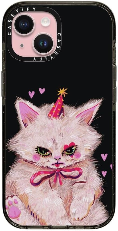 CASETiFY Impact iPhone 15 Case [4X Military Grade Drop Tested / 8.2ft Drop Protection/Compatible with Magsafe] - Cat Print - Clown Kitty - Clear Black