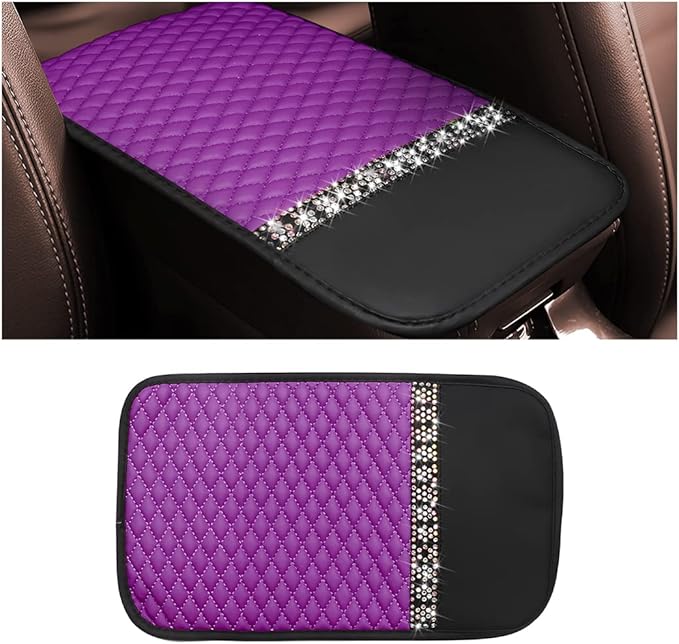 Bling Leather Car Center Console Cover, Car Center Console Protector With Glossy Crystal Rhinestone, Universal Waterproof Car Armrest Seat Box Cover For Most Car, Vehicles, SUVs, Trucks (Purple)