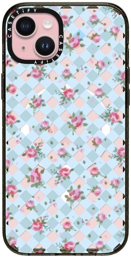 CASETiFY Impact Case for iPhone 15 Plus [8.2ft 4X Military Grade Drop Protection/Compatible with Magsafe] - Floral Gingham - Blue - Clear Black