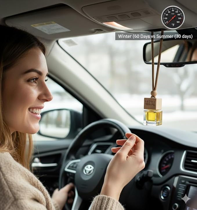 Aromatherapy Car Air Freshener, Natural Fragrance Hanging Diffuser, Long Lasting, Multiple Scents Including Peach, Vanilla Cream, Pink Coconut, and Freesia, Glass Bottle with Wooden Cap, 4pcs