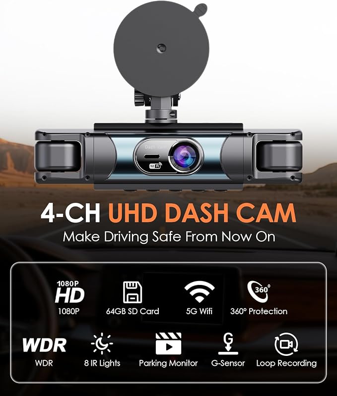 4 Channel Dash Cam 360° View, 2K Car Dash Cam Front and Back, 4-Way Front Rear Inside Recording, APP Control, 8 IR Night Vision, Parking Monitor, G-Sensor, Free 64GB TF Card
