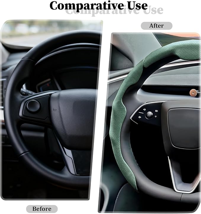 3PCS Car Steering Wheel Cover, Nappa Leather Breathable Non-Slip Segmented Steering Wheel Protector, Snap-on Auto Interior Decoration Accessories, Universal Fit (Green)