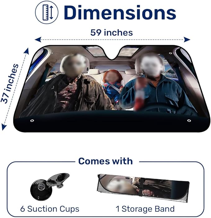 GENANY Horror Movie Character Windshield Sun Shade for Electric Vehicle (59x37 inches), Shades for Front Windows, Sunshade for Car Windshield, Protector Blocks UV, Car Decor