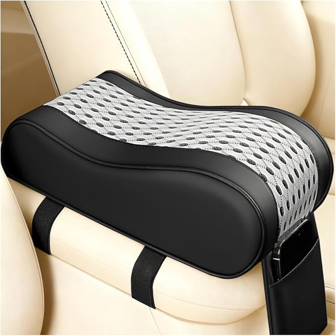 Car Armrest Cushion, Soft Memory Foam Leather Vehicle Armrest Pillow with Storage Bag, Multifunctional Automotive Interior Center Console Arm Rest Pad, Universal for Most Vehicles (Light Gray)
