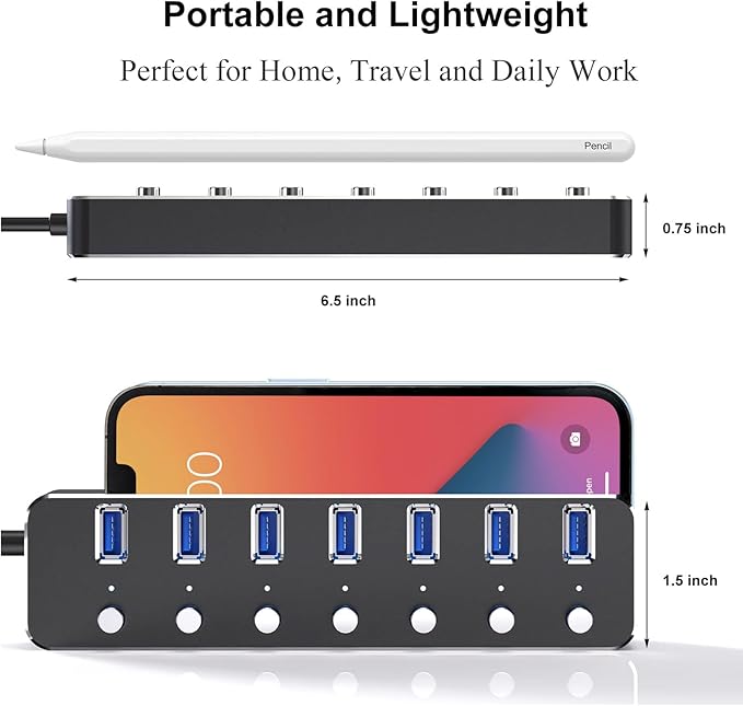 USB 3.0 Hub 7 Port USB Hub with 2ft Long Cable Aluminum USB Hub for Laptop and PC with Individual On/Off Switch and LED Indicator