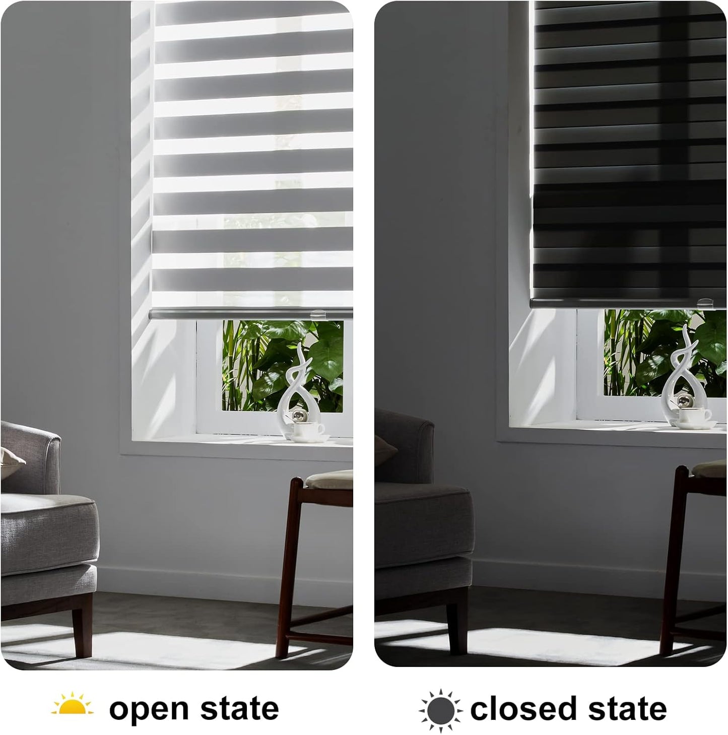 Persilux Cordless Zebra Blinds for Windows Free-Stop Roller Window Shades (39" W X 72" H, Grey) Dual Layer Light Control for Day and Night, Light Filtering Sheer Shades for Home, Easy to Install