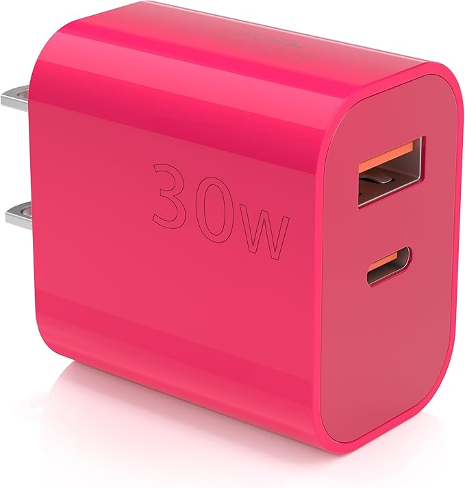 Aolcev for iPhone Charger Fast Charging 2 in 1 USB A USB C Charger Block 30W Cute Type C Fast Charging Blocks for iPhone 17 16 15 14 13 for iPad USB C Charging Adapter for Galaxy S26 S25 S24 Rose Pink