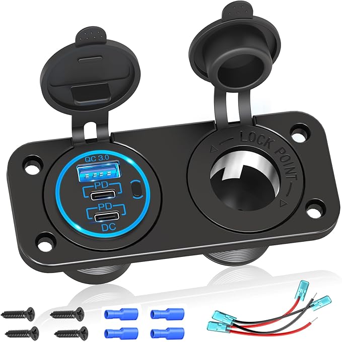 Cigarette Lighter Socket Qidoe 12V Splitter Panel 78W 12V USB Outlet Dual USB C PD&QC3.0 Car Charger Socket ON/Off Switch Waterproof 300W Power Cigarette USB Adapter for Car Marine RV