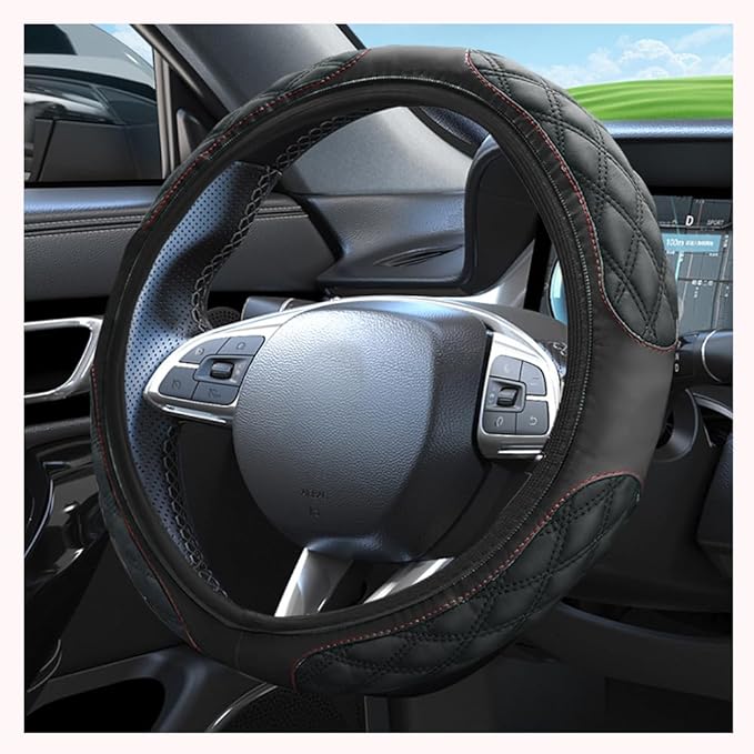 15 Inch Car Steering Wheel Covers with Double Colors,Non-Slip Leather Steering Wheel Cover for Protecting Steerings Wheels,Universal Cars Decorations Car Wheels Cover (Black)