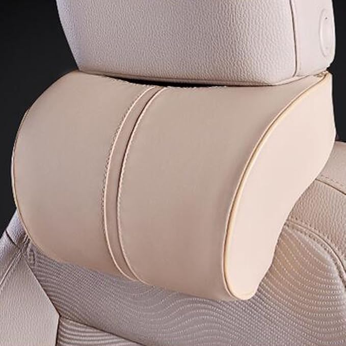 Car Seat Lumbar Support Pillow Neck Pillow Headrest Head Support Back Cushion Pad Soft Memory Foam Artificial Leather for Car Home Office Chairs Lower Back Pain Relief Corrects Posture Beige