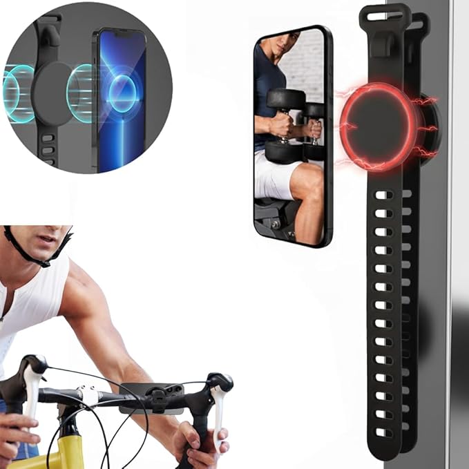 Super Strong Gym Fitness Secure Silicone Strap Phone Mount for MagSafe Compatible Devices, Multi use for Gym Equipment Stroller Treadmill Peloton Exercise Bikes and anything Magnet stick on to