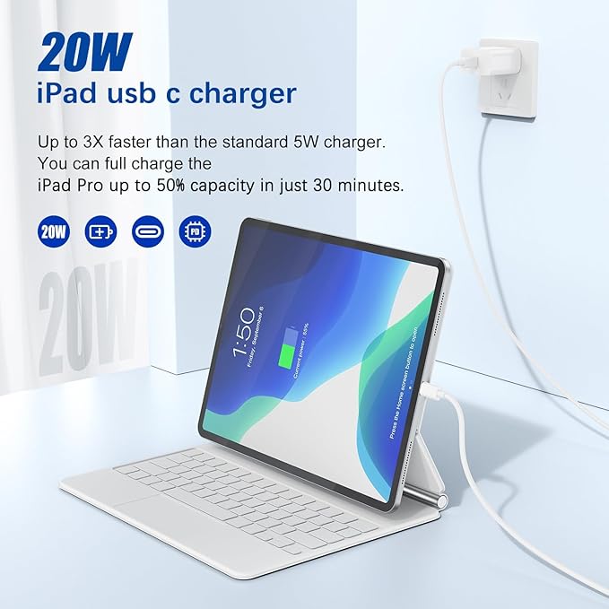 iPad Fast Charger,2Pack iPad Pro Charger USBC to C Cable iPad Cord 20W USB C Charger iPad Charging Block for iPad A16 11/10th,iPad mini 6/A17 Pro,iPad Air/i-Pad Pro 13/12.9/11inch 2020-2025