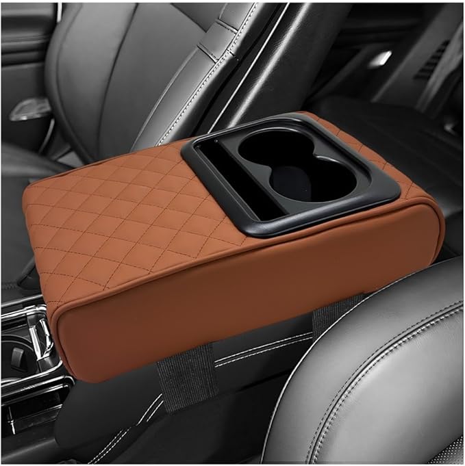 Car Center Console Armrest Pillow, 14"×8.3" Waterproof Leather Armrest Box Cover with Cup and Phone Holder, Soft Memory Foam Arm Rest Console Pad Protector for SUV Truck (Brown, Embroidery)