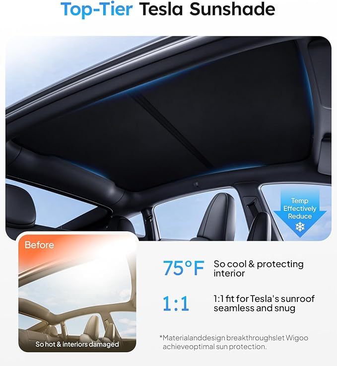 Wigoo Tesla New Model Y Juniper Accessories Sunshade Roof [Never Sag, Nano Ice-Crystal Coatings] Heat Insulation Glass Roof Sun Shade, Accessories for Tesla New Model Y 2025 2026 Launch, Black