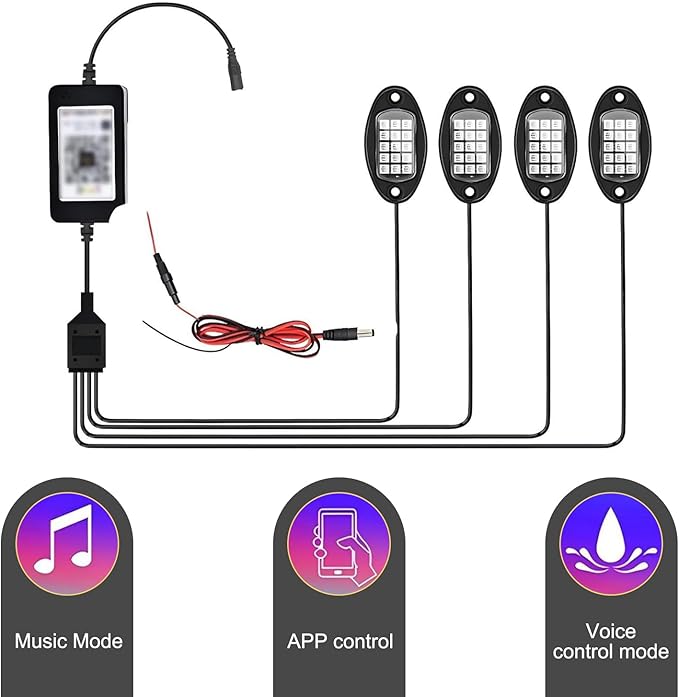 WZP 4 Pods RGB LED Rock Lights, Multicolor Underglow LED Light Kit with APP Control & Music Mode, 12V Waterproof PVC Off Road Lights, Wheel Light for Truck SUV ATV UTV Golf Cart Pickup