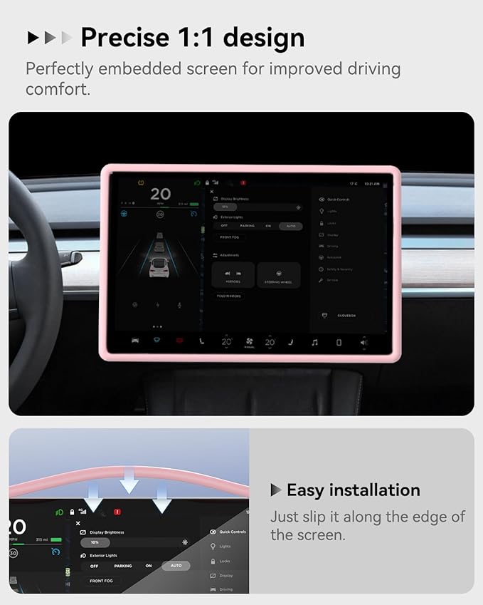 Farmogo Protector Trim Frame for Tesla Model 3 2021-2023 & Model Y 2020-2024 Accessories with Wireless Silicone Charging Mat, Screen Edge Frame and Rearview Mirror Protector Frame (3 PCS Pink)