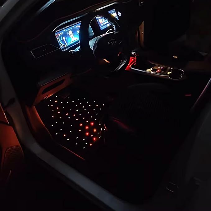 Starlight LED Car Floor Mats, 4pcs Shiny Starry Sky Star Light Floor Mats, App Control Washable Fiber Optic Lights Universal Automotive Decoration Atmosphere Light