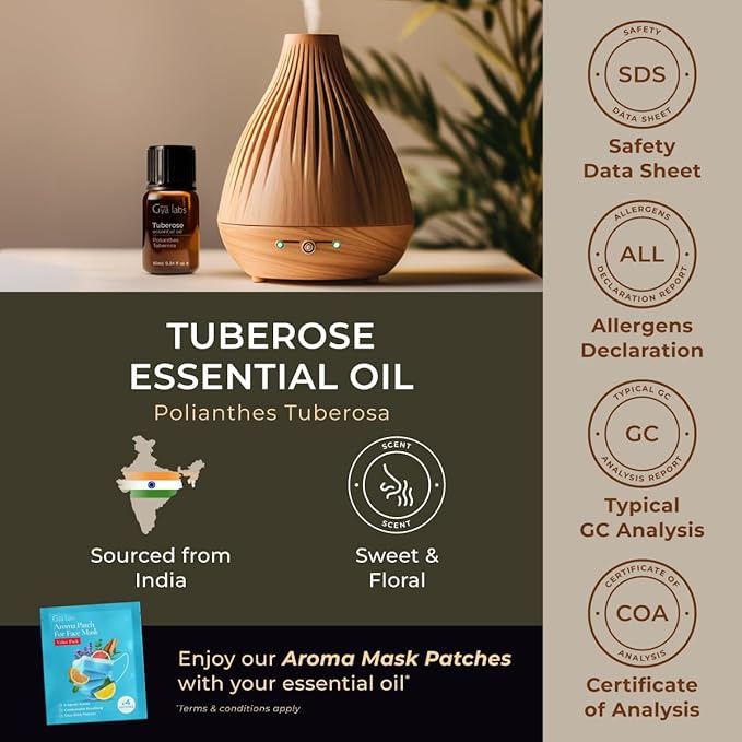 100% Pure Tuberose Essential Oil - 0.34 Fl Oz - Tuberose Oil for Hair, Skin, Diffuser, Aromatherapy & DIY Candle Making Scent