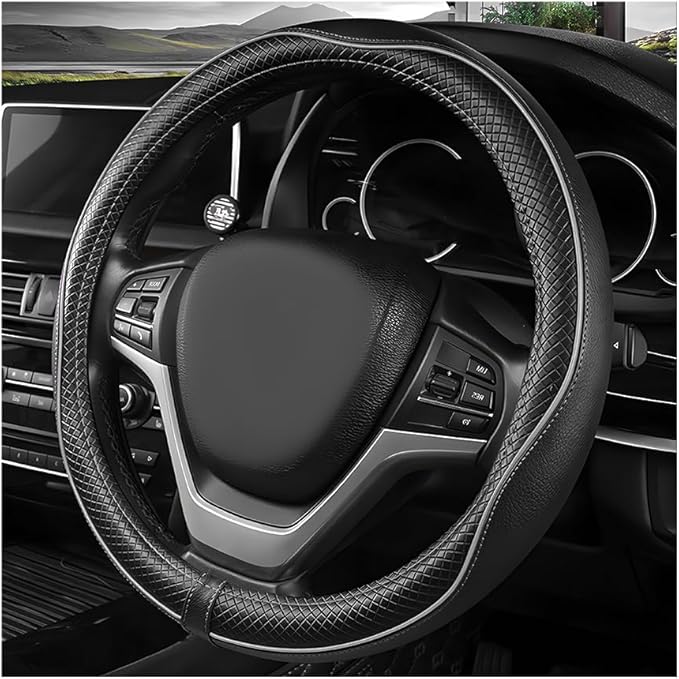 Car Steering Wheel Cover, 15 Inch Anti-Slip Breathable Leather Auto Steering Wheel Protector, Full Surround Soft Steering Wheel Cover for Men Women, Car Interior Accessories (Black & Gray)