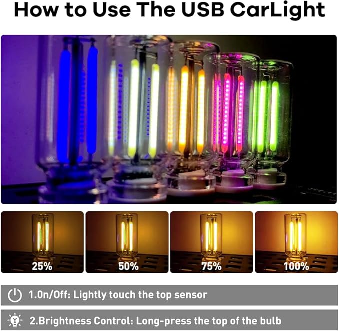 2Pcs Car USB Night Light, Touch Adjustment LED Ambient Lighting Plug in USB Automotive Night Lamps, Mini LED Bulb for Car, Camping, Holiday, Decoration, Bedroom, Party(Yellow)