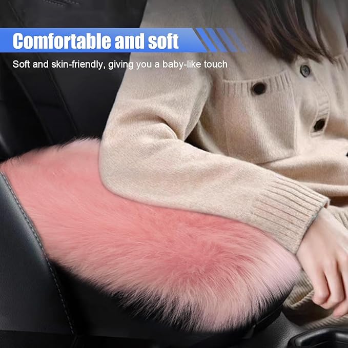 Auto Center Console Cover Pad, 11.81"x 7.87" Warm & Furry Winter Car Armrest Cover, Soft Faux Sheepskin Wool Car Armrest Seat Box Protector Cushion, Universal Interior Accessory (Pink)