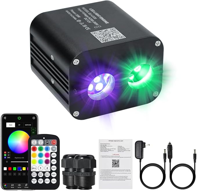 AKEPO 20W Dual-Head Dual-Color Fiber Optic Light Source, Twinkle+APP Control + Same or Different Color + Music Activated+28-Key Remote for Car Headliner Star Home Star Ceiling Kit
