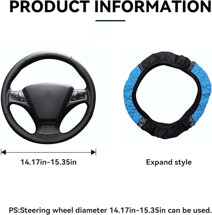 Bling Car Steering Wheel Cover, 15 Inch Rhinestones Soft Leather Elastic Steering Wheel Protector, Sparkly Crystal Diamond for Women Girls, Car Interior Accessories for Most Cars (Blue)