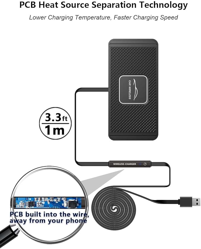 Wireless Car Charger Qi Charging Pad Fast 15W 10W 7.5W Charge Adapter for iPhone 14 13 12 Mini 11 Pro Max 8 Plus X XR Xs Airpods Samsung Galaxy Buds S21 S22 S23 S24 Android Phones (39' Long Cable)