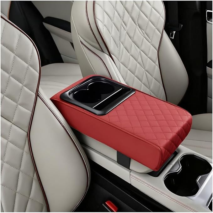 Car Center Console Armrest Pillow, Vehicle Armrest Seat Box Cushion Pad with Cup Holder & Phone Holder, Comfortable Auto Middle Console Cover, Universal for SUV RV Truck (Diamond, Wine Red)