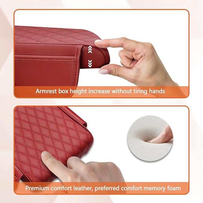 Car Center Console Cover, Napa Leather Car Armrest Cushion with Side Pockets, Memory Foam Auto Armrest Seat Box Mat, Universal Interior Armrest Protective Cover Accessories for Most Vehicle