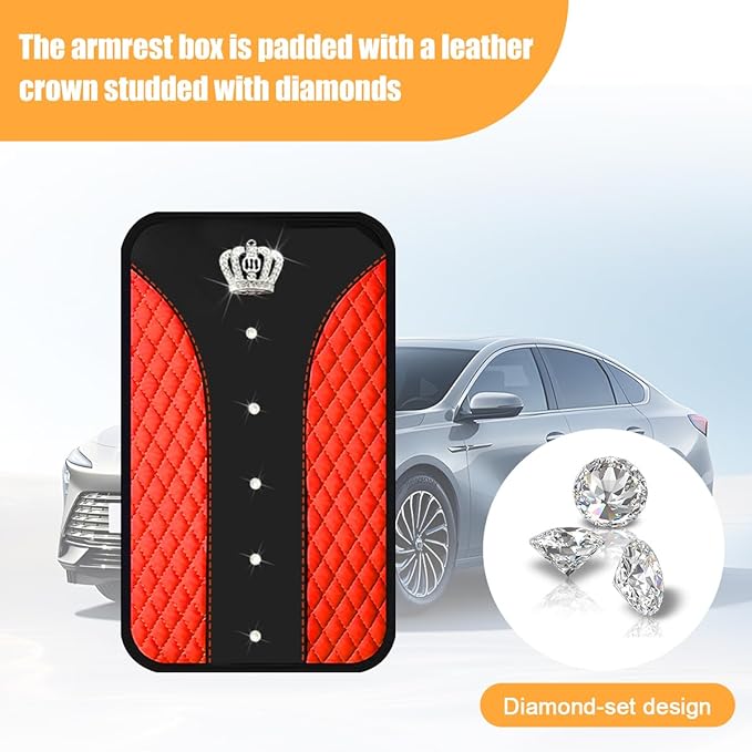 Bling Car Center Console Cover, Crown Crystal Rhinestones Vehicle Armrest Mat Protector, Anti Slip Sparkling Automotive Arm Rest Seat Box Cushion Pad Decor Accessories, Universal Fit (Red)