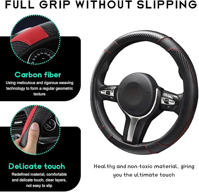 Car Steering Wheel Cover, 15 inch Carbon Fiber Microfiber Leather Elastic Steering Wheel Protector, Breathable Anti-Slip Comfortable Steering Wheel Covers for Most Cars (Black)