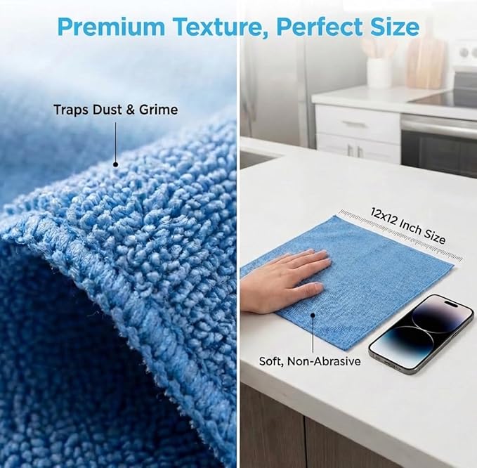 MIRACLEAN Microfiber Cleaning Cloth 12 Pack - 12 x 12 inches - Rags for Cleaning House Streak-Free Wipes for Screens, Dusting & Appliances - Premium Micro Fiber Cloth for Cleaning