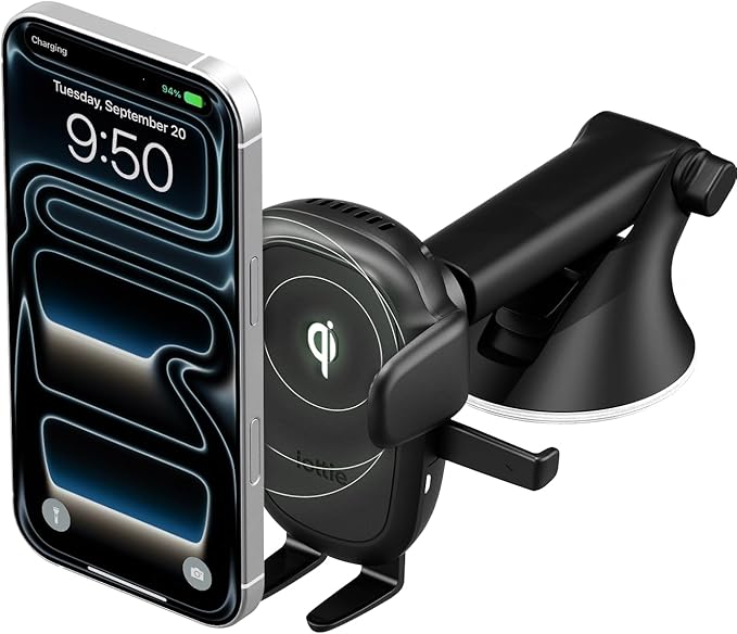 iOttie Easy One Touch Wireless 3 Dash & Windshield Car Mount, 15W Qi Fast Charging Phone Holder, One-Handed Auto Clamp, Adjustable Smartphone Mount for iPhone 17 Pro Max, iPhone 12-17, Samsung, Pixel