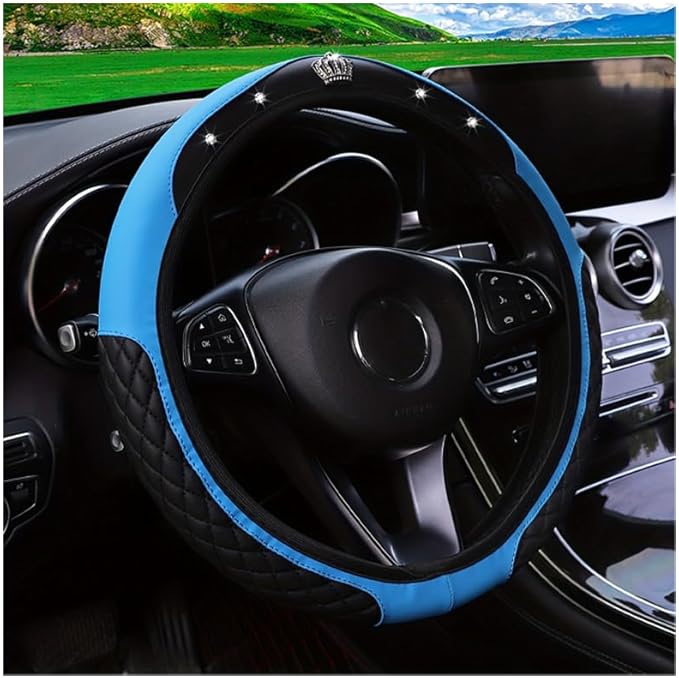 Bling Car Steering Wheel Cover, Diamond Leather Crystal Rhinestones Vehicles Steering Wheel Protector, Sparkling Anti-Slip Automotive Interior Decoration Accessories, Universal Fit (Blue)