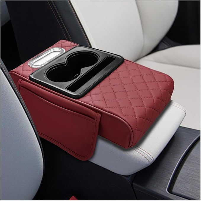 Leather Car Center Console Cover, Universal Automotive Armrest Booster Cushion, Vehicle Middle Console Organizer with 2 Cup Holders, Side Storage Bag, Tissue Box & Phone Slot(Burgundy)