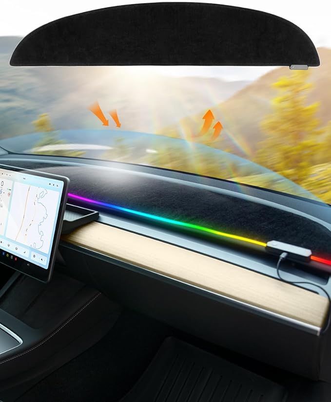 EVDANCE 2025 Upgrade Tesla Model 3/Y Accessories Dashboard Cover, LED Ambient Lighting Anti - Glare Sun Protection Dash Mat for Model 3 Y 2016-2024 [No Fit 2025 Y Juniper], Interior Tesla Accessories