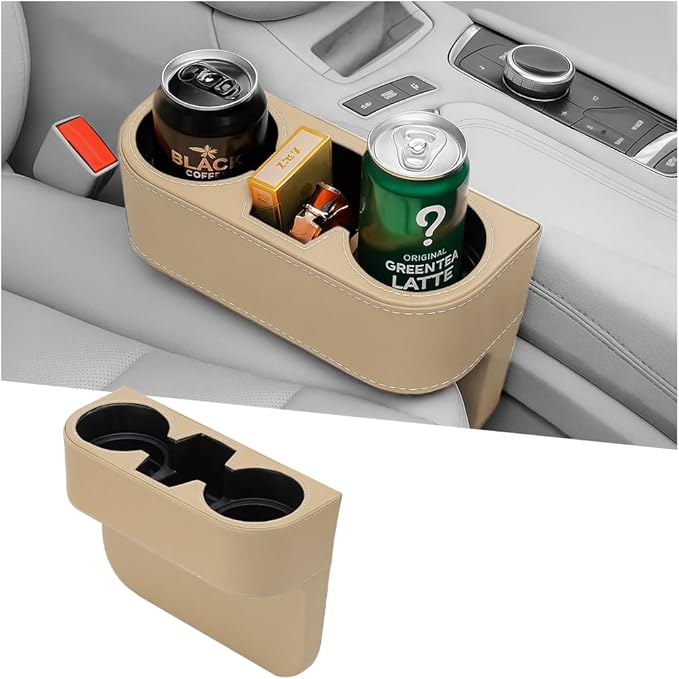 Car Seat Gap Filler Organizer with Cup Holder, Leather Multifunctional Vehicle Front Seat Crevice Storage Box Bag, Automotive Console Side Bucket Pocket, Universal Fit (Beige)