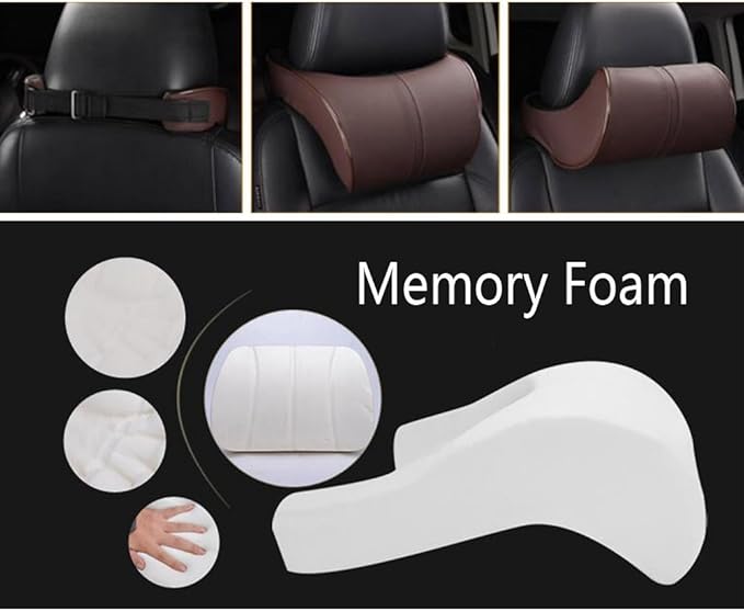 Car Seat Lumbar Support Pillow Neck Pillow Headrest Head Support Back Cushion Pad Soft Memory Foam Artificial Leather for Car Home Office Chairs Lower Back Pain Relief Corrects Posture Brown