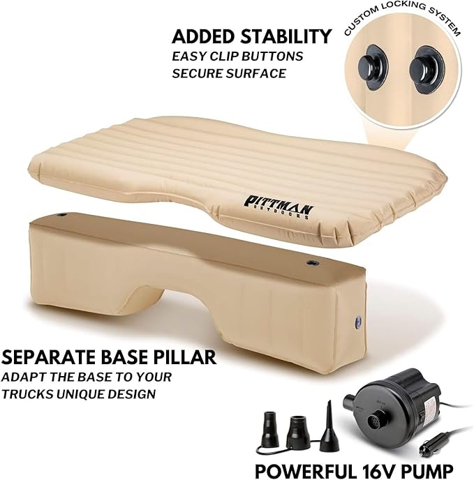 Pittman Outdoors Backseat Bed Air Mattress – 60” Rear Seat Air Mattress for Trucks, Vans & Large SUV – Includes Pump, Pillow & Storage Bag – Inflatable Back Seat Air Mattress – Tan