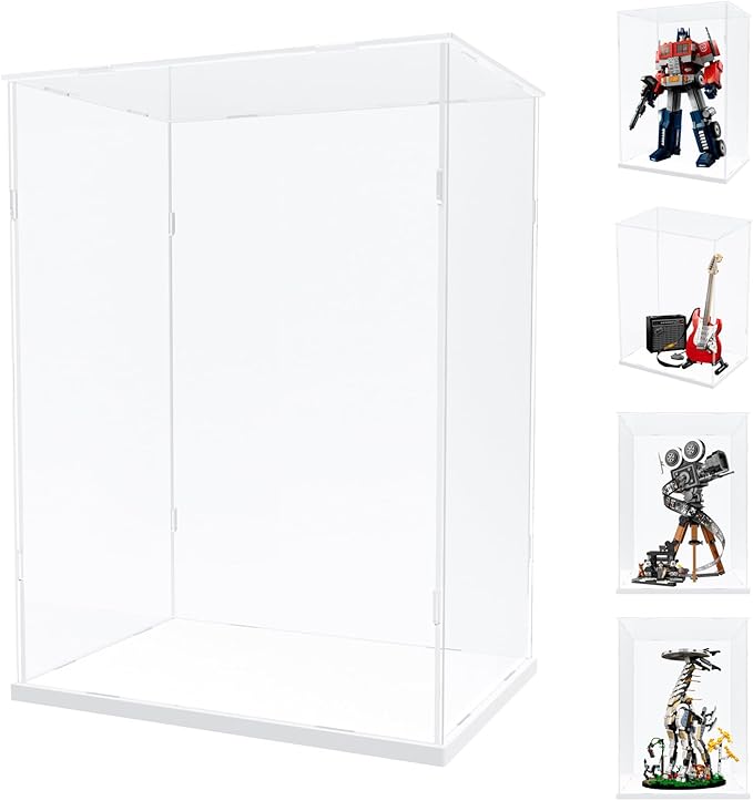 Choowin Acrylic Display Case for Lego Camera 43230 for Lego Guitar 21329 for Lego Optimus Prime 10302 Thickened Clear Acrylic Display Cases for Collectibles Assemble Dustproof Display Box(White Base)