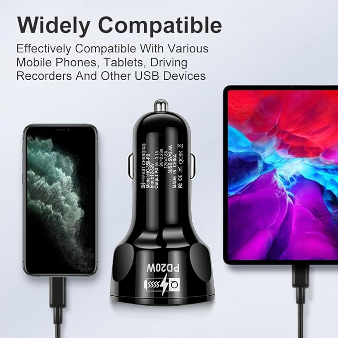 4 Port USB Fast Charging Cigarette Light Car Charger 3 * 2.4 A USB/ 1 PD20W LED Light Compatible with Tablets Cameras iPhone 14 13 12 11 Pro Max X XR XS Samsung Galaxy Series Google Pixel (White)