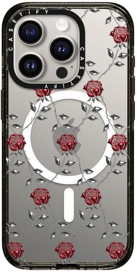 CASETiFY Impact iPhone 15 Pro Case [Slim/Compatible with Magsafe / 8.2 ft. 4X Military Grade Drop Protection] - Metallic Rose - Clear Black