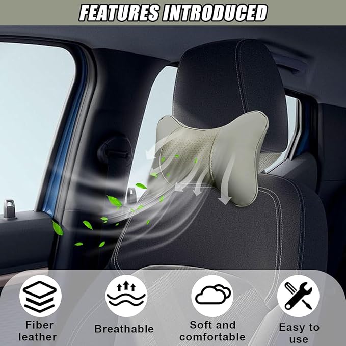 2PCS Car Neck Pillow, PU Leather Headrest Cushion with Adjustable Strap, Ergonomic Soft Headrest Pillow, Universal Multi-Function Auto Lumbar Support Accessories for Pressure Relief (Grey)